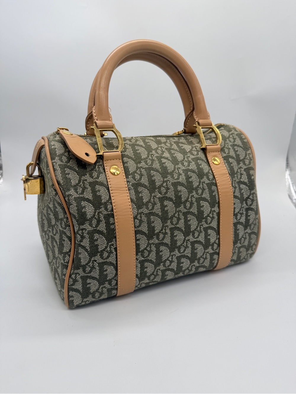 Auth Dior Boston trotter Monogram Satchel Bag 🔐Lock Olive green Tan LIKE NEW EUC